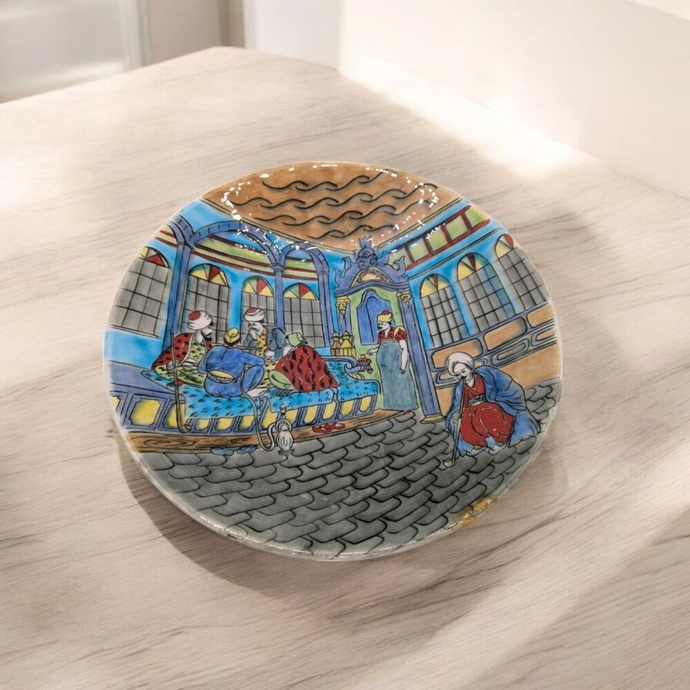 Vtg Turkish Ottoman Scene Hand Painted Ceramic Plate Kutahya mustafo Ahmet C